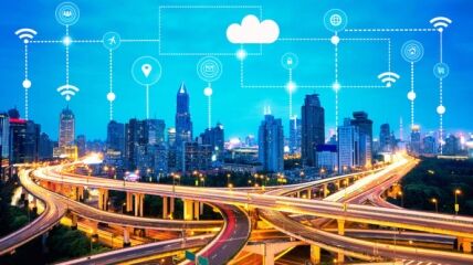 A background of a city with interconnected intelligent transportation systems icons