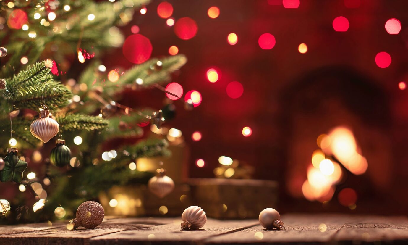 Christmas Tree With Decorations Near a Fireplace