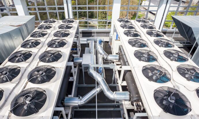 Rows of HVAC machines and piping.